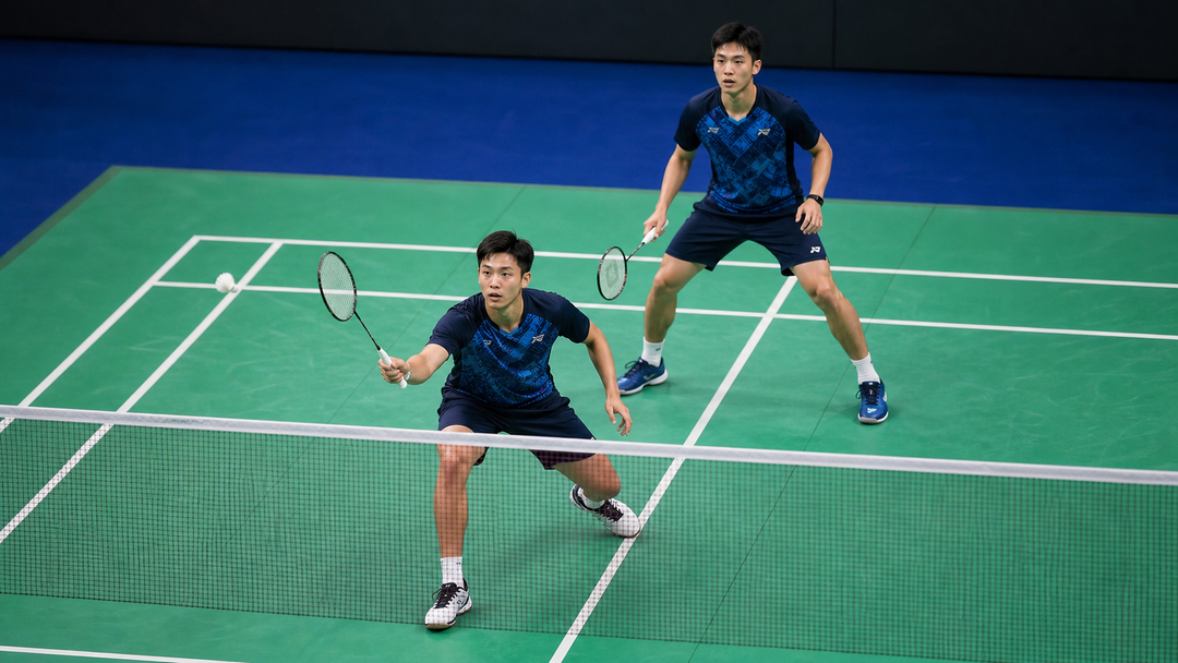 Badminton doubles front-back attack rotation on court