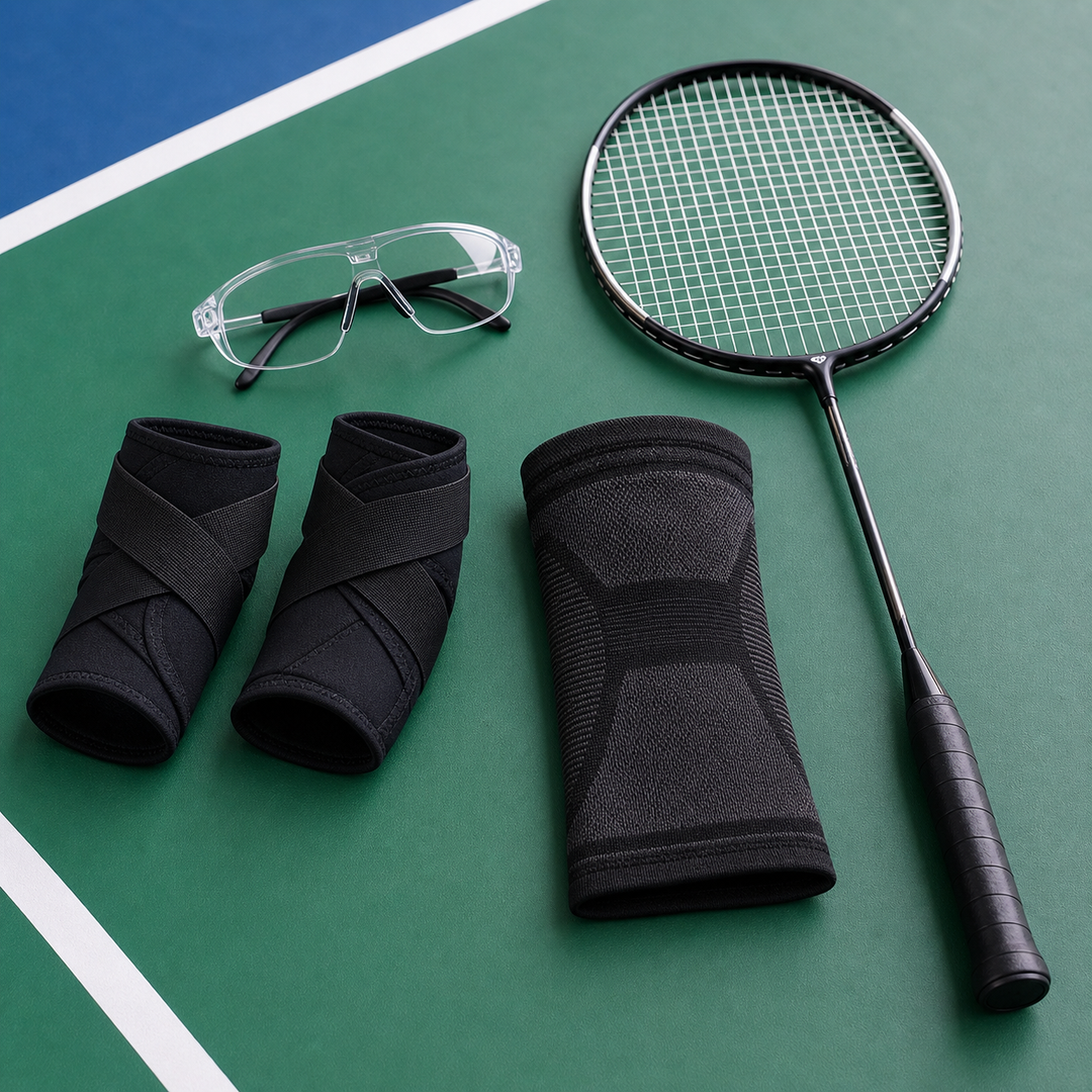 Badminton protective eyewear ankle braces knee sleeve and racket on court
