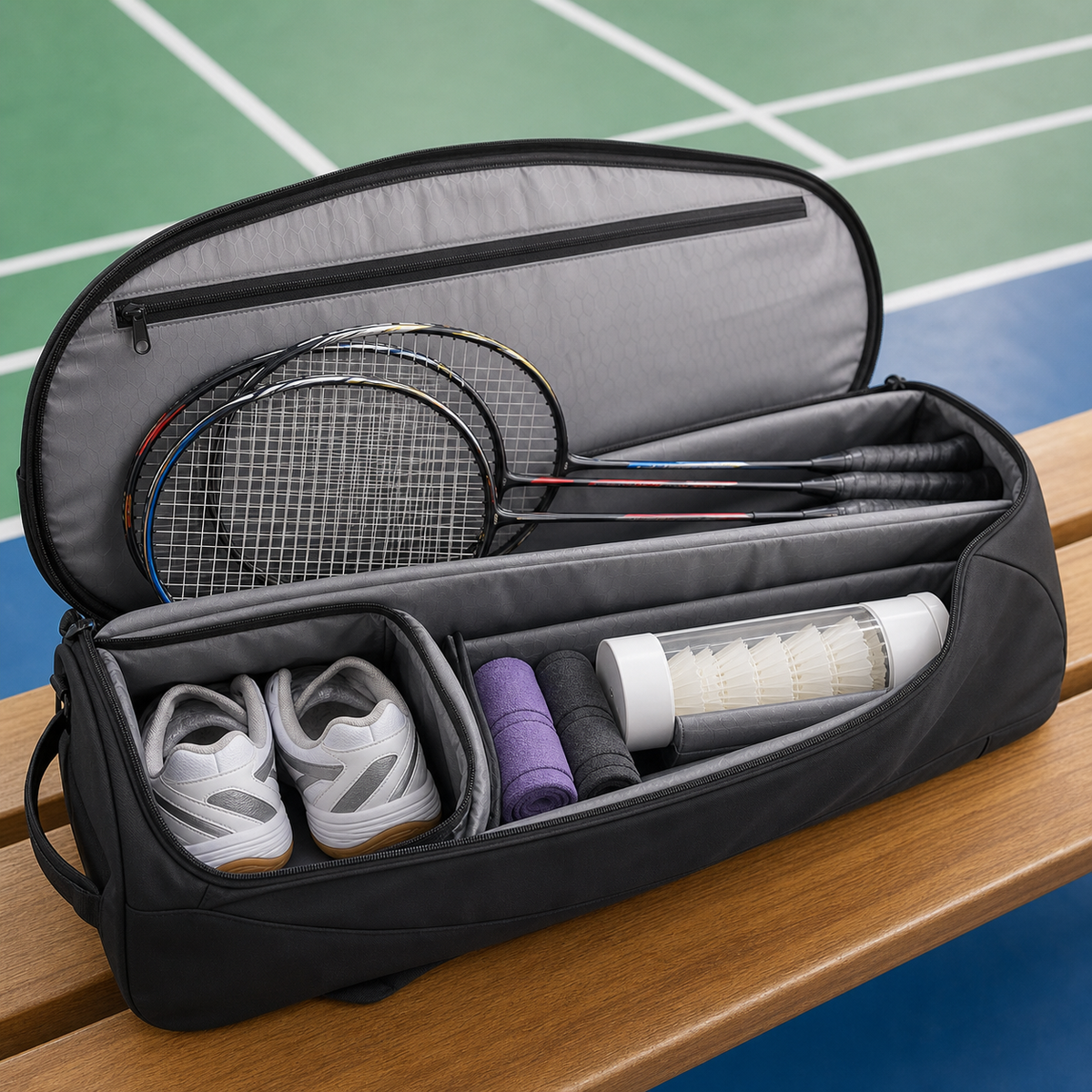 Badminton racket bag compartments with rackets shoes grips and shuttlecocks