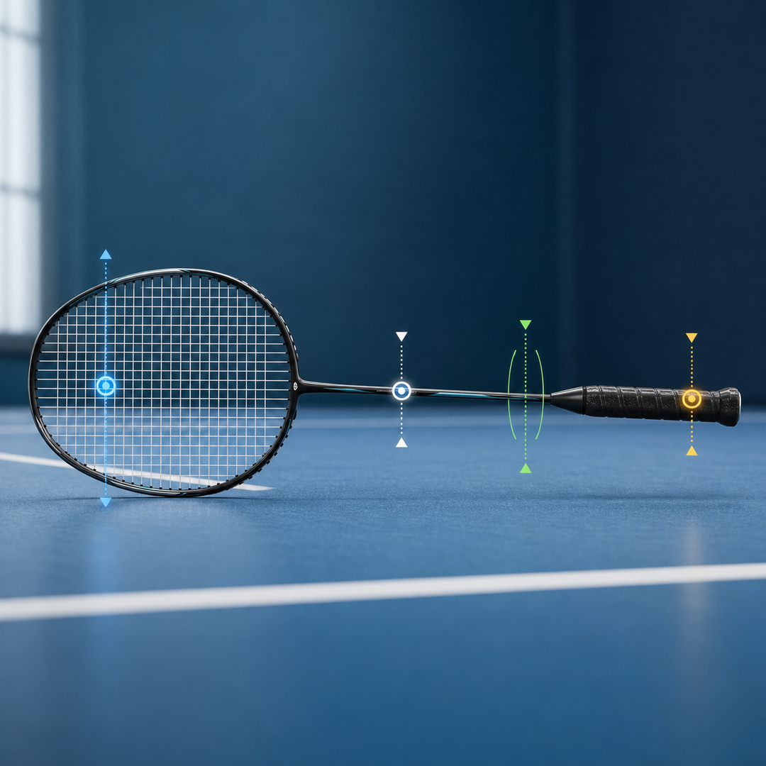 Badminton racket balance point and shaft stiffness equipment illustration