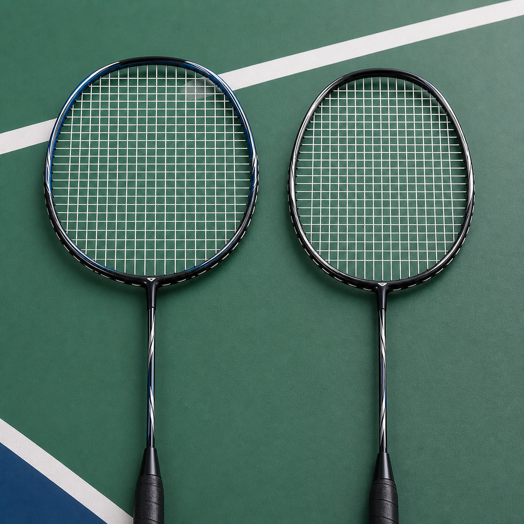 Badminton racket isometric and compact head shape comparison on court