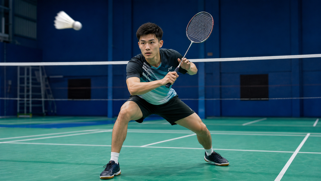 Badminton player in ready stance defending against a smash