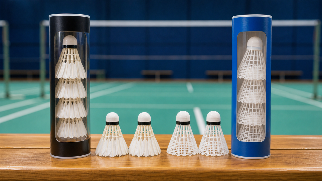 Feather and nylon badminton shuttlecocks compared on an indoor court