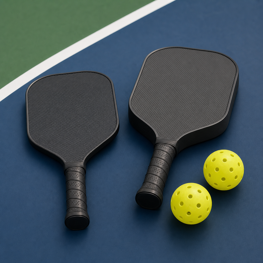 Pickleball paddles with different core thicknesses on court