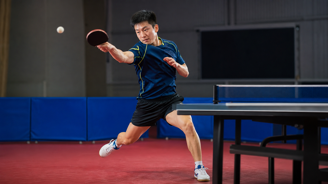 Table tennis player using legs and weight transfer for a forehand loop