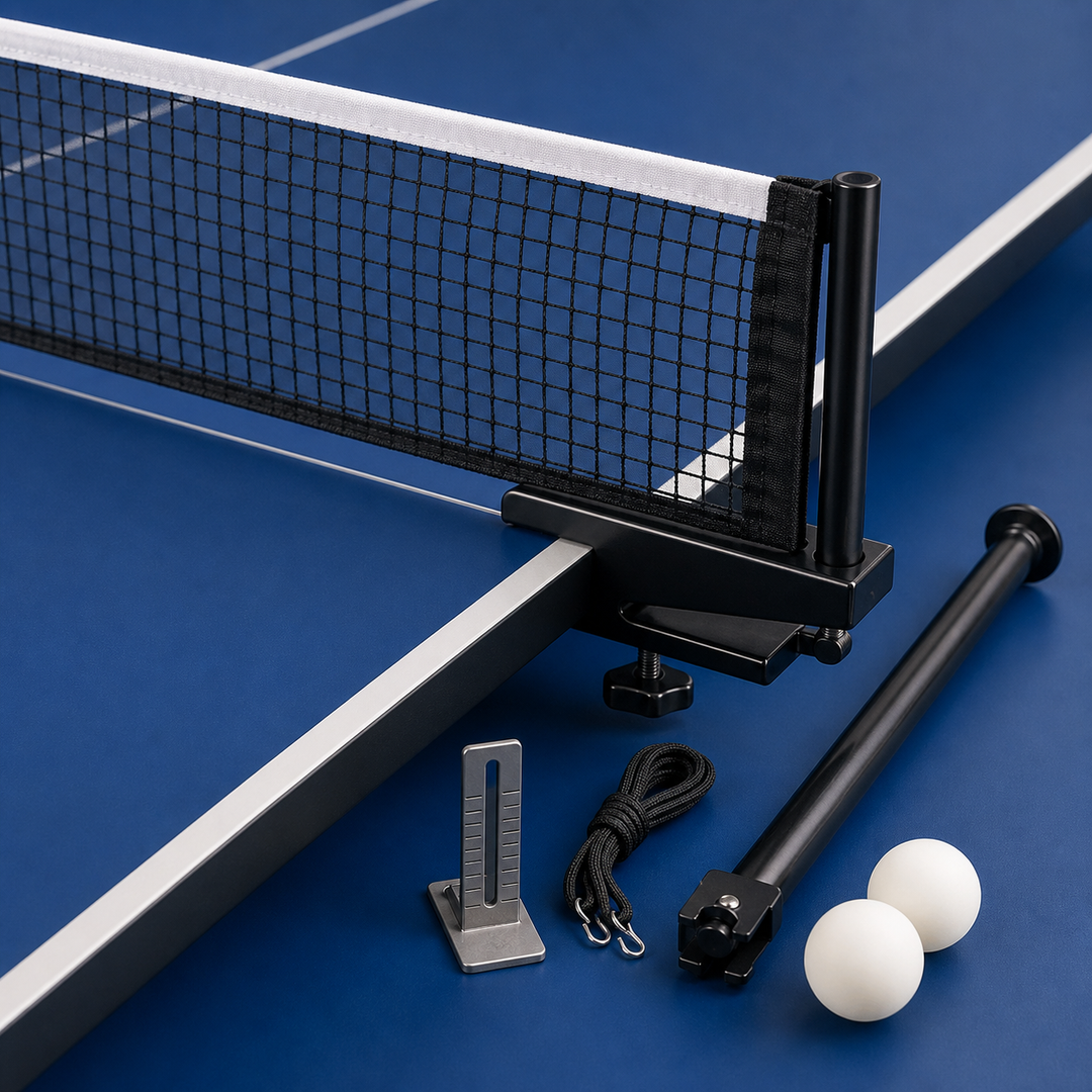 Table tennis net post clamp tension cord height gauge and balls on blue table