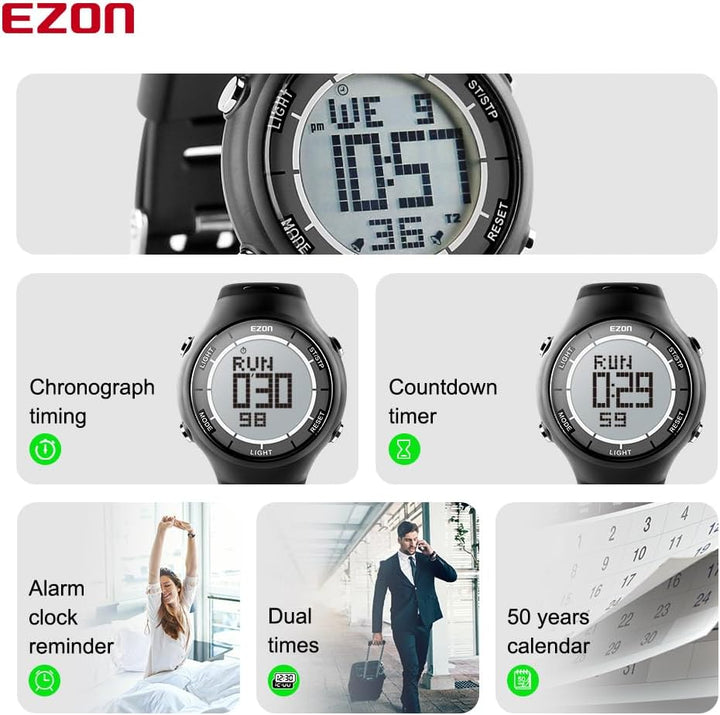 EZON 5ATM Waterproof Digital Sports Watch – Pedometer,  Tracker, Stopwatch, Fitness Watch L008