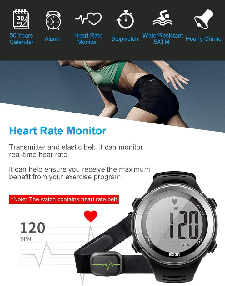 EZON T007 Heart Rate Monitor Watch | Waterproof Fitness Tracker with Stopwatch Hourly Chime