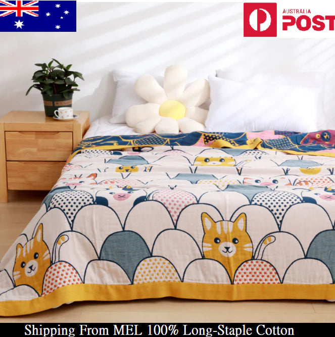Cartoon Pure Cotton Gauze Quilt – 100% Cotton, Soft, Breathable, Sweat-Absorbing Nap Blanket