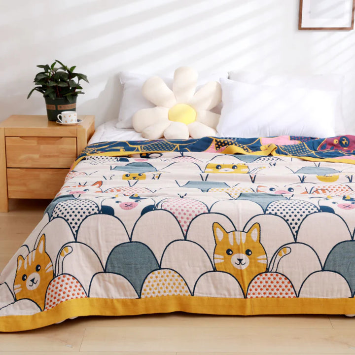 Cartoon Pure Cotton Gauze Quilt – 100% Cotton, Soft, Breathable, Sweat-Absorbing Nap Blanket