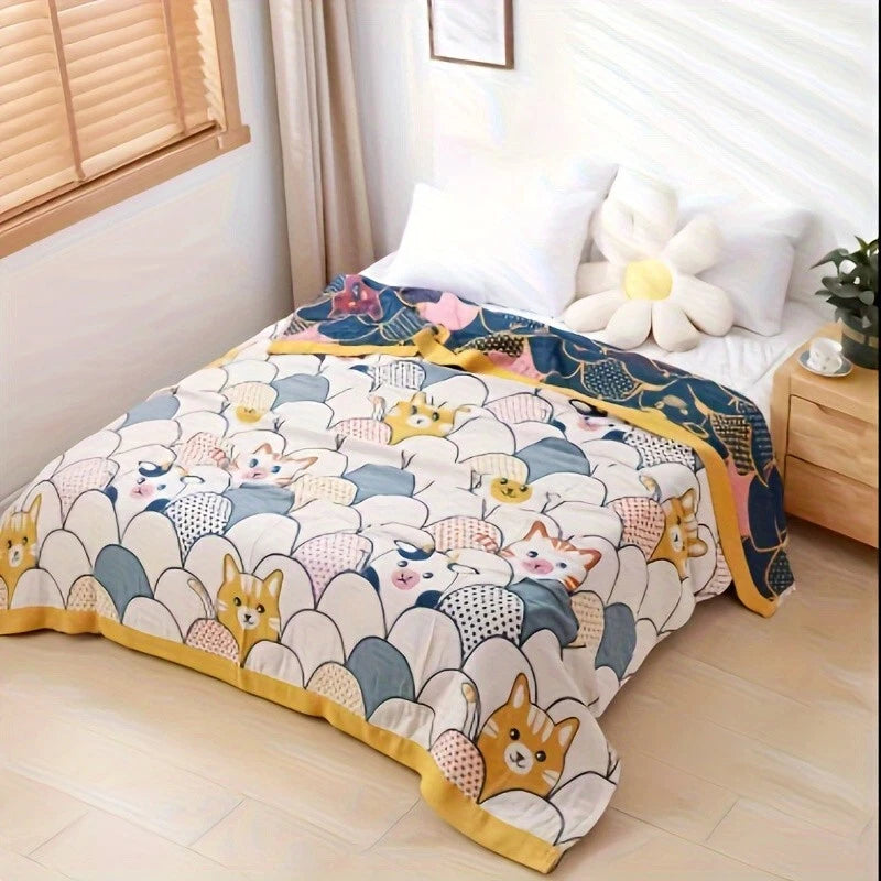 Cartoon Pure Cotton Gauze Quilt – 100% Cotton, Soft, Breathable, Sweat-Absorbing Nap Blanket