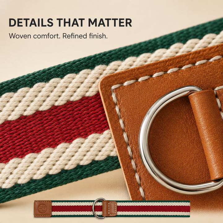 Adjustable Stretch Woven Dog Collar with Leather Accents and Metal D-Ring