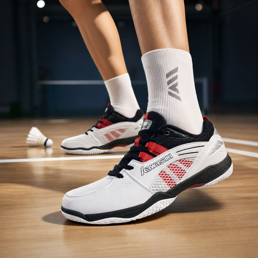 Kawasaki K1B51-B3326 Black Blue badminton shoes Image 2 indoor badminton court lifestyle photo