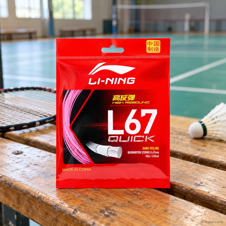Li-Ning L67 Quick Badminton String - 0.67 mm - AI-styled court-side supplementary scene (20261022)