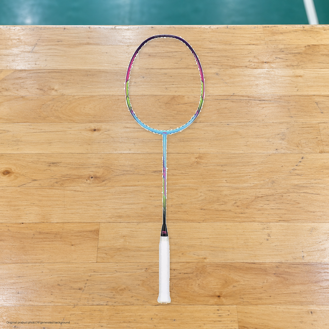 Li-Ning Windstorm 72 Multicolour Badminton Racket - original product photo with AI-generated background (pixel composite 20261022)