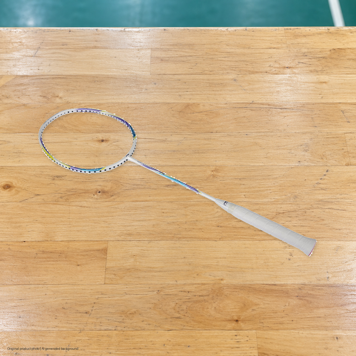 Li-Ning Windstorm 74 Badminton Racket - original product photo with AI-generated background (pixel composite 20261022)