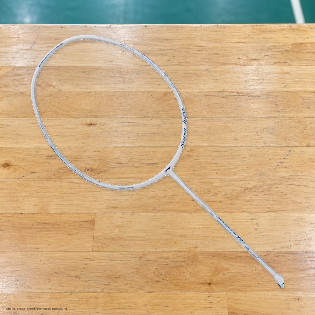 Li-Ning Windstorm 79S Badminton Racket - original product photo with AI-generated background (pixel composite 20261022)