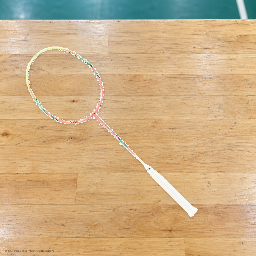 Li-Ning Windstorm 72 Speed Badminton Racket - original product photo with AI-generated background (pixel composite 20261022)