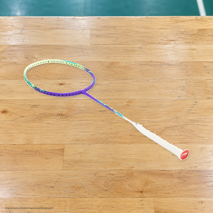 Li-Ning Windstorm 72 Power Badminton Racket - original product photo with AI-generated background (pixel composite 20261022)