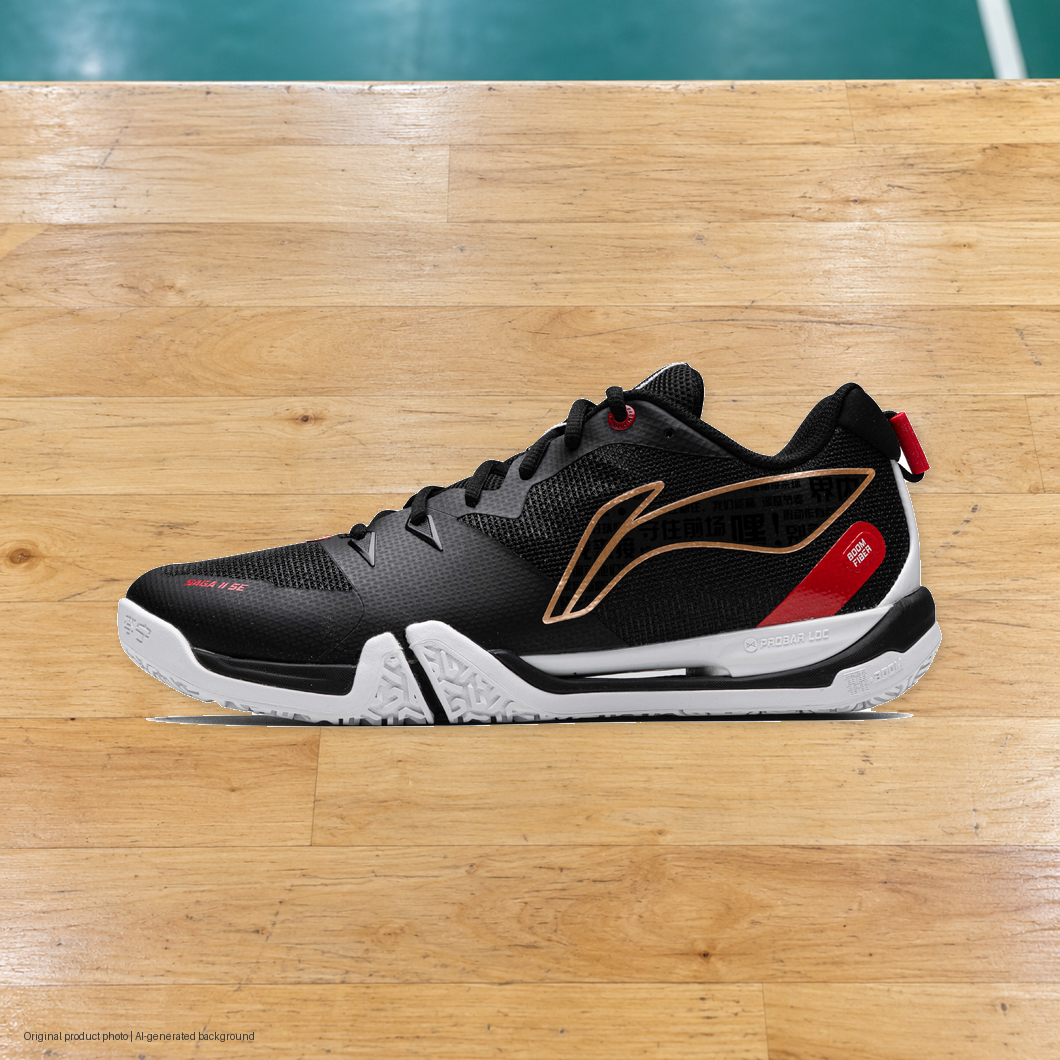 Li-Ning Saga II SE Badminton Shoes - original product photo with AI-generated background (pixel composite 20261022)
