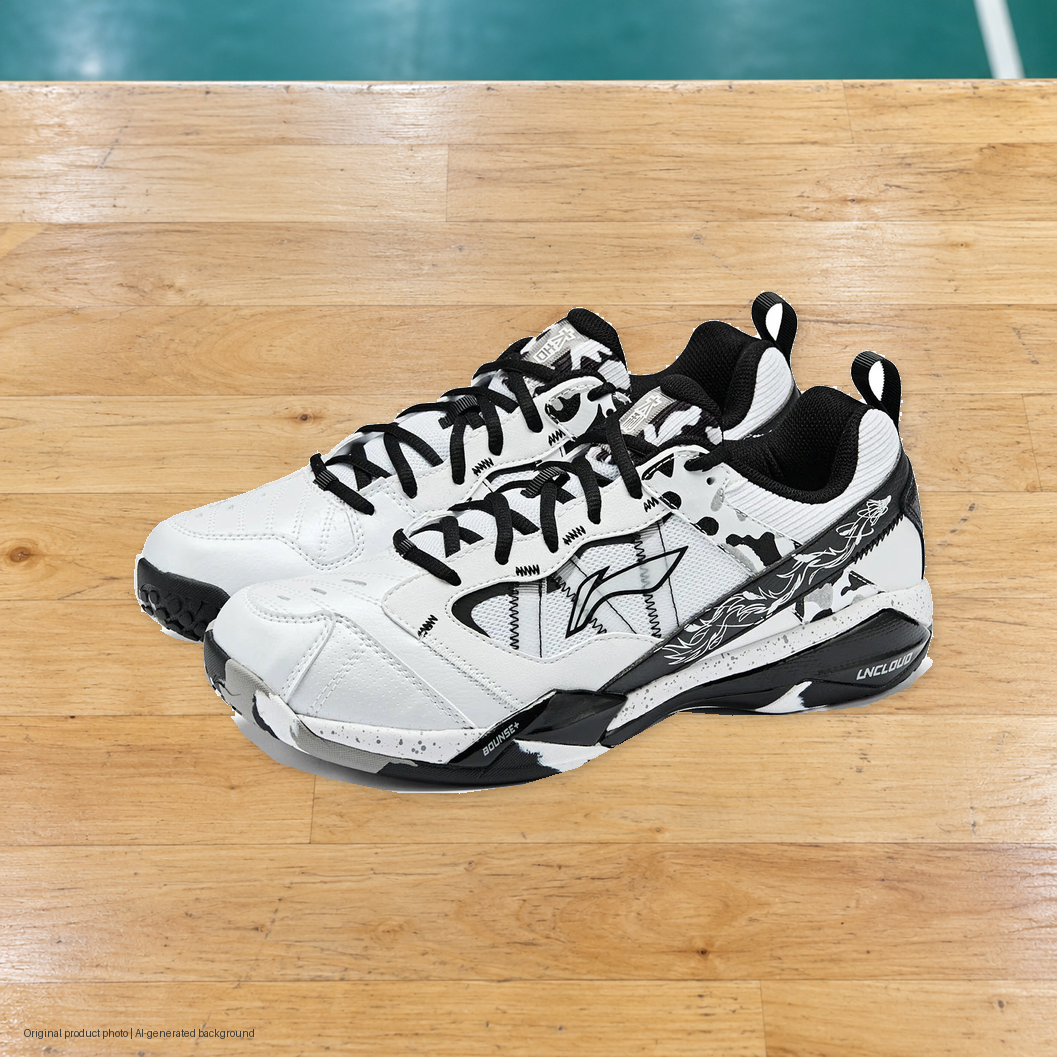 Li-Ning Invincible Badminton Shoes - original product photo with AI-generated background (pixel composite 20261022)