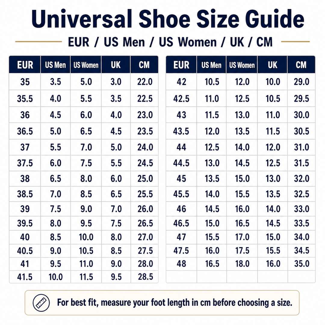 Universal shoe size guide EUR US Men US Women UK CM