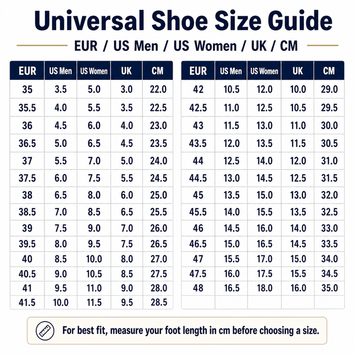 Universal shoe size guide EUR US Men US Women UK CM